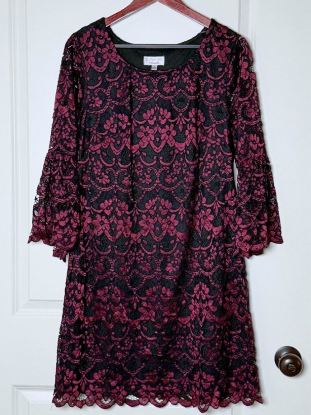 Pink and Black Lace Shift Dress Knee Length 3/4 Bell Sleeve Robbie Bee 1X Formal
